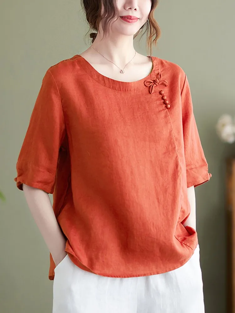 

Women Cotton Linen Casual T-shirts New Arrival 2022 Summer Vintage Style Solid Color Loose Female Short Sleeve Tops Tees B1840