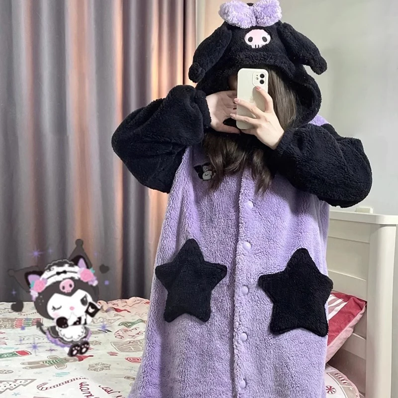 MINSO Senrio Kuromi халат Kawaii зимний теплый коралловый бархатный пижамный мультфильм