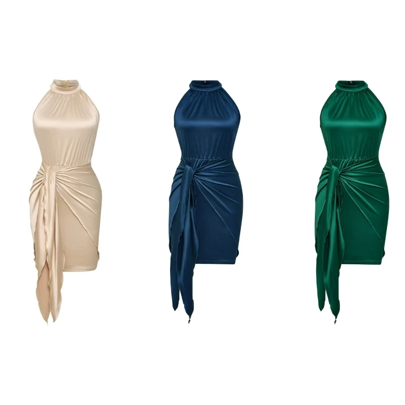 

Women Satin Halter Sleeveless Solid Color Tie Waist Ruched Bodycon Mini Dress