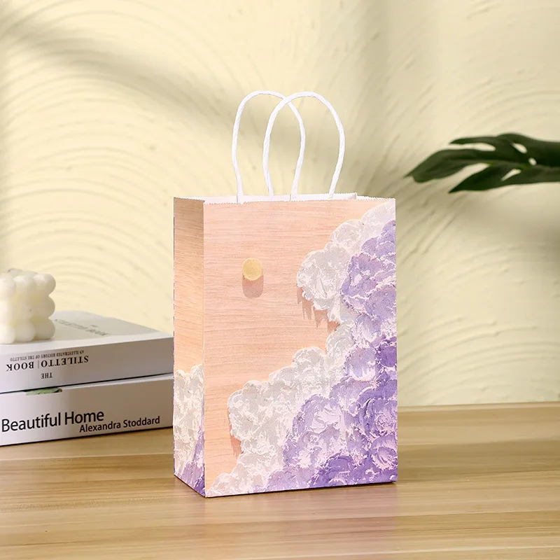 24pcs Party Kraft Paper Gift Bag with Handle 3D Oil Painting Candy Cake Favor Bags Wedding Baby Shower Birthday Decoration