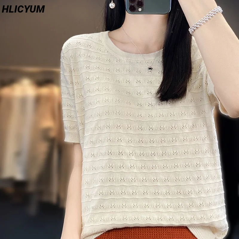 

Women's T-shirt Summer New Cotton Sweater Short Sleeve Casual Knitwear Round Neck Ladies Tops Hollow Blouse Loose Pullover Tees
