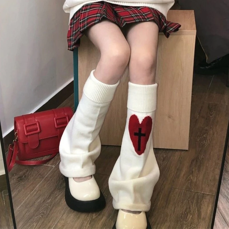 

Knitted Leg Warmers Women Gothic Harajuku Cute for Cross Heart Skeleton Stretchy Knee High Foot Cover Streetwear Long Socks