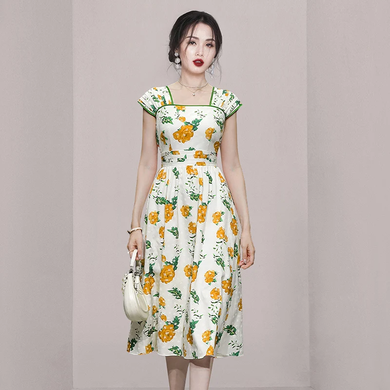 

Summer 2022 Floral Printed Women's Dress Vintage French Elegant Casual High Waist Sleeveless Midi Dresses
