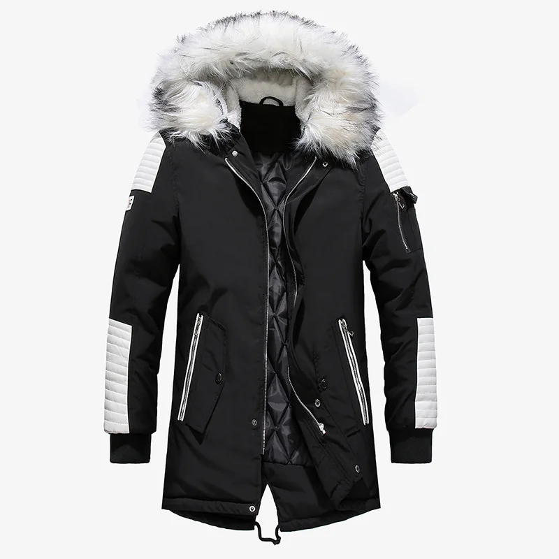 2022 Men's Big White Fur Collar Mid-length Cotton Coat