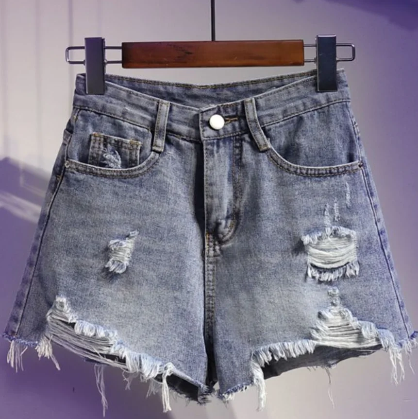 Spring/Summer New Korean Large Waist Loose Ragged Denim Shorts