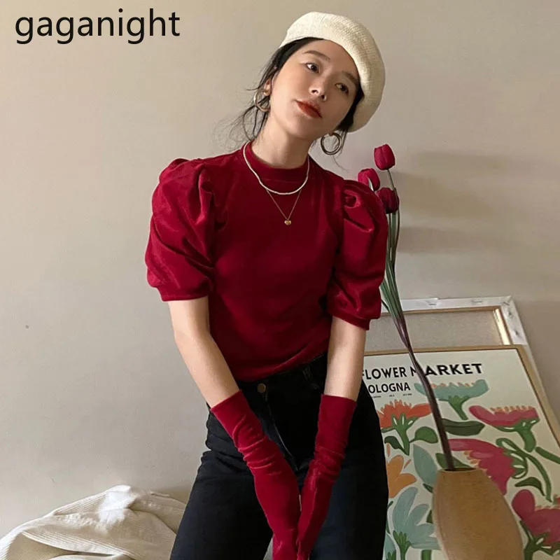 

Gaganight женская рубашка с воротником-стойкой, свободная рубашка с пышными рукавами и коротким рукавом, новинка весны 2022, корейский Шикарный ре...