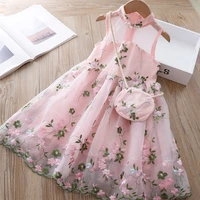 girl dresses chinese embroidery flowers mesh sleeveless hanfu dress with bag kids dresses for girls