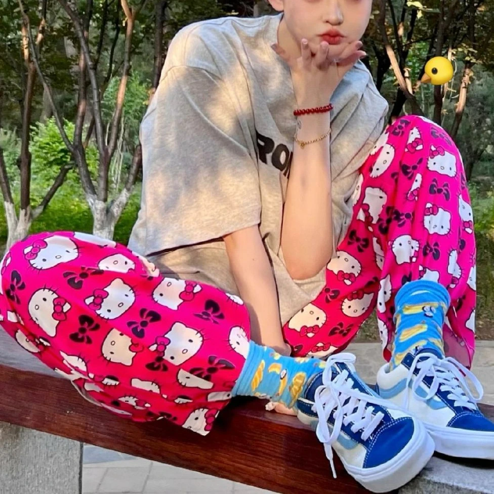 

Sanrio Wide-Leg Pants Hello Kitty Pants Anime Cute Trousers Full Printed Loose High Waist Pants Drape Cartoon Casual Pants
