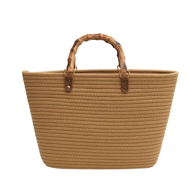 

2023 new striped large capacity cotton thread woven bag imitation bamboo knot French vintage straw bag hand-held beach bag