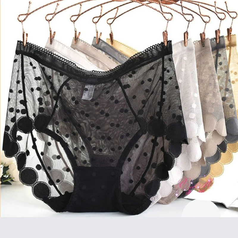 

140KG Plus Size Thin Briefs Female Intimates Sexy Full Transparent Tempting Comfort Panties Mid Rise Dot Floral Underwear