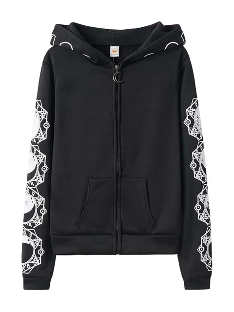 5XL Gothic Punk Women Print Long Sleeve Hoodies Sweatshirts Casual Zipper Jacket Hooded Tops Female Autumn Winter Black Hoodies. 5