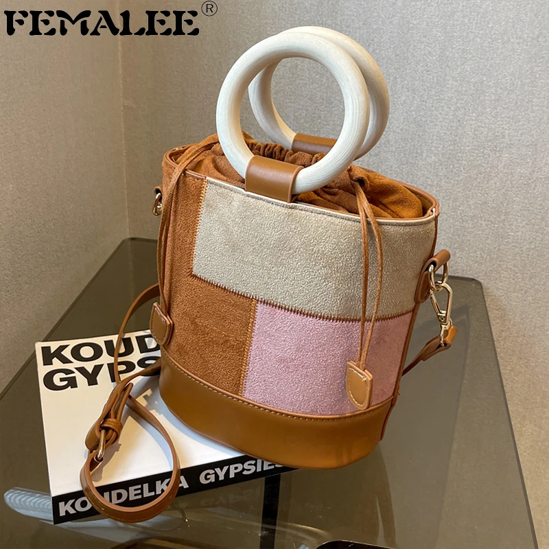 

Женская Лоскутная сумка-мешок на шнурке, брендовая Сумочка, замшевая кожаная сумка на плечо, роскошная круглая деревянная сумка, женские ко...