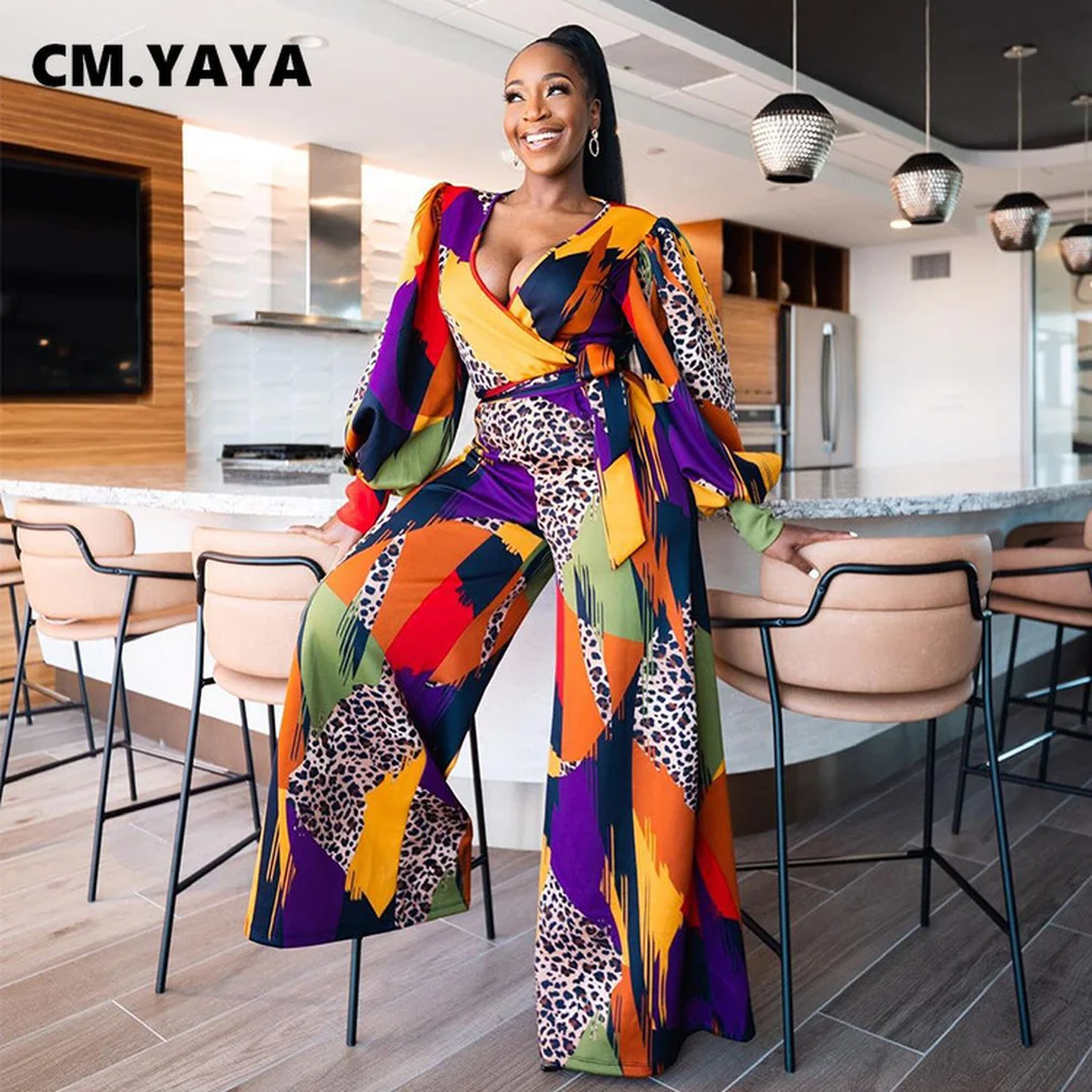 

Женский леопардовый комбинезон CM.YAYA с геометрическим поясом и V-образным вырезом, уличная одежда, прямой комбинезон с длинным рукавом, осенн...