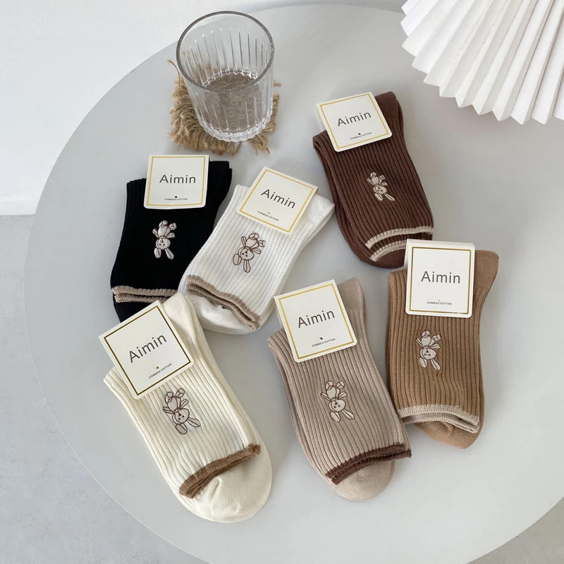5 Pieces of Women's Socks New Fashion Cute Cotton Breathable Socks Japanese Cute Rabbit Embroidery Casual Girls Sweet Quality