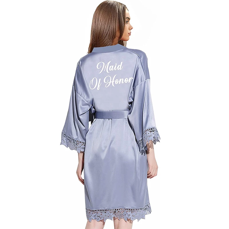 Bride Robe Bridesmaid Robes Lace Robe Short Silk Robe Lace Kimono Robe Satin Bridal Party Robes for Women Bathrobe Blue