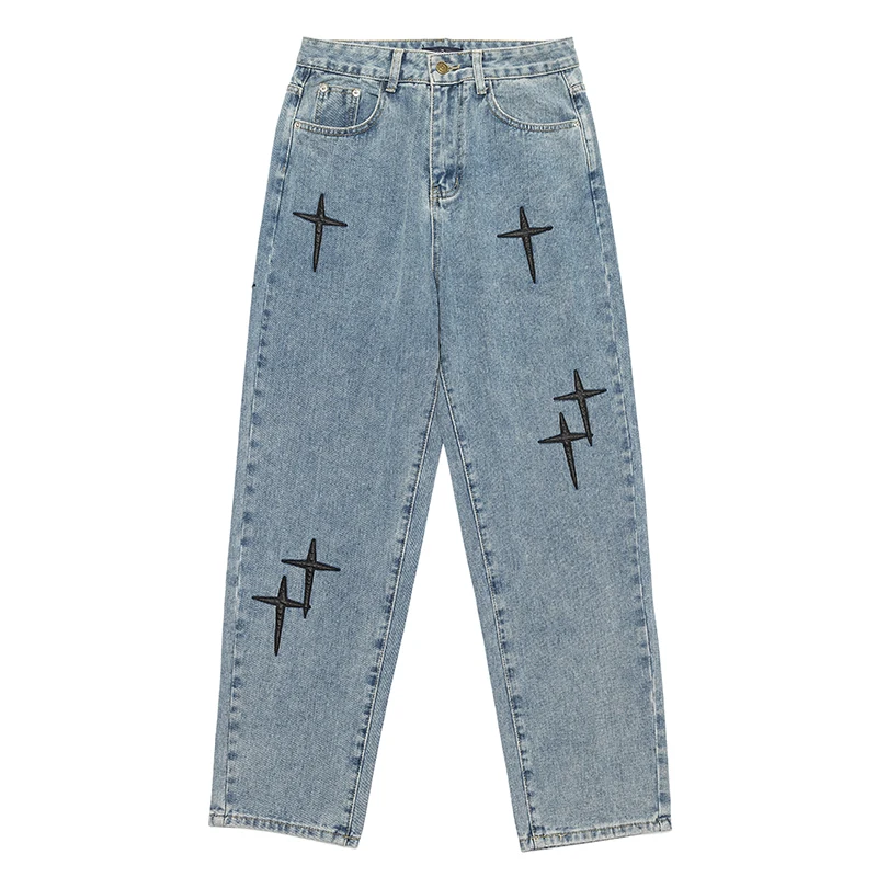 Y2K Men's Jeans Vibe Style European and American Hip-hop High Street Cross Embroidery Retro Loose Wide-leg Pants Ins Hot Sale