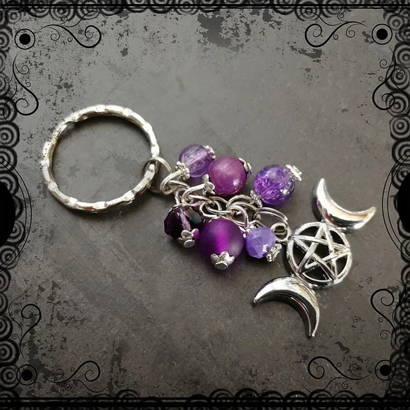 

Gothic Moon Purple Bead Keychain Fashion Star Imprint Strange Witch Jewelry Key Accessories Silver Vintage Key Ring Jewelry 2022