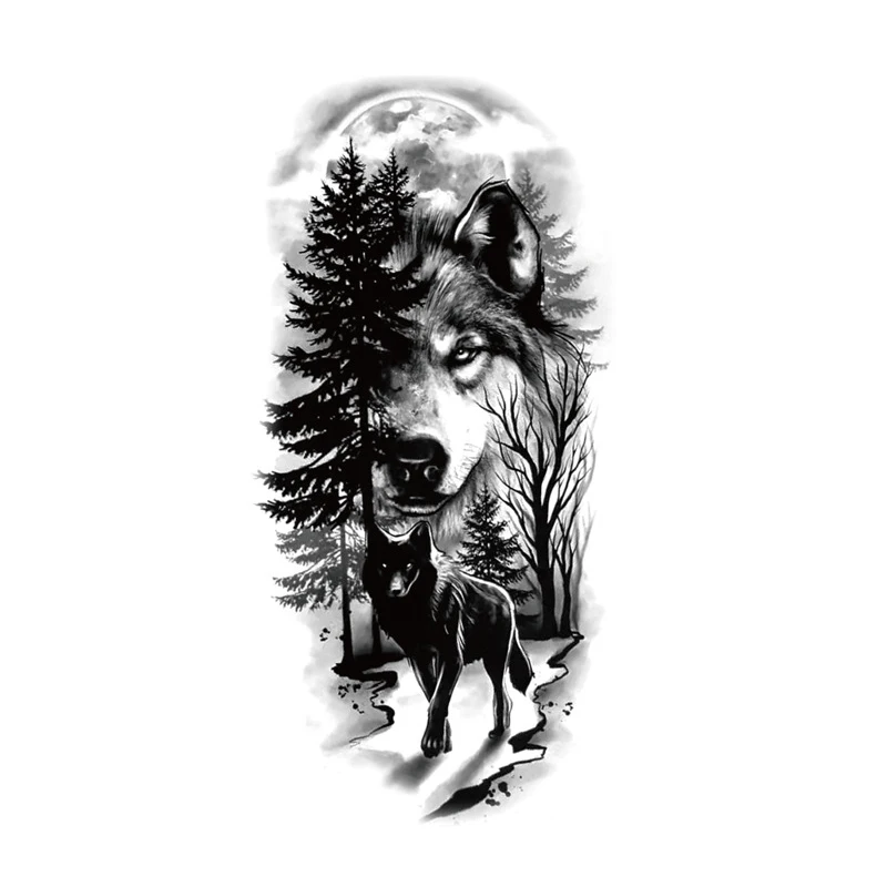 

Ink Wolf Temporary Tattoos Sticker for Men Hand Arm Art Tatoo Waterproof Forest Big Tree Animal Flash Tatto Fake Tattoo Stickers