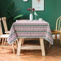 bohemian tablecloth wrinkle free cotton linen boho rectangle pompom tassel table cover party picnice dinning room fabric cover