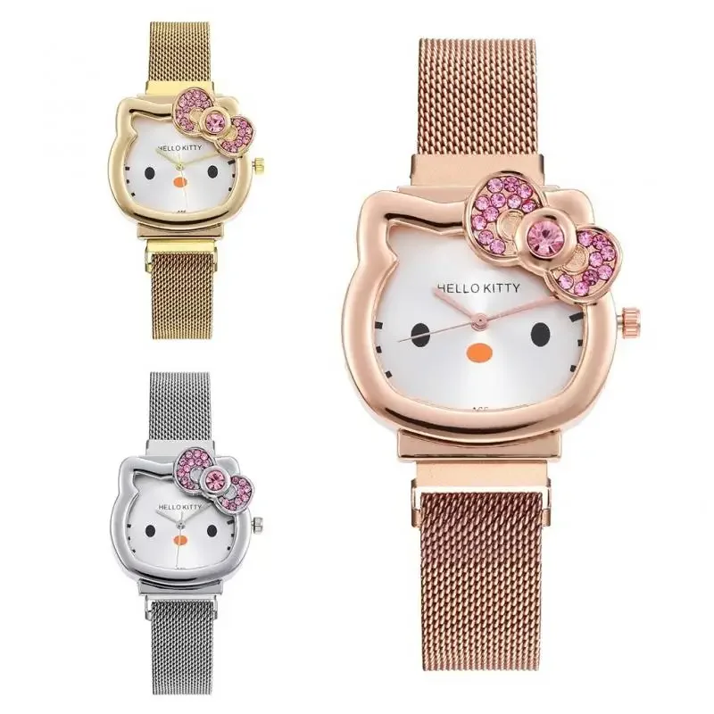 Hello Kitty Diamond Watch Cat Bow Kawaii Pink Ladies Gold Sliver Metal Jewelry Cartoon Magnetic Girlfriend Birthday