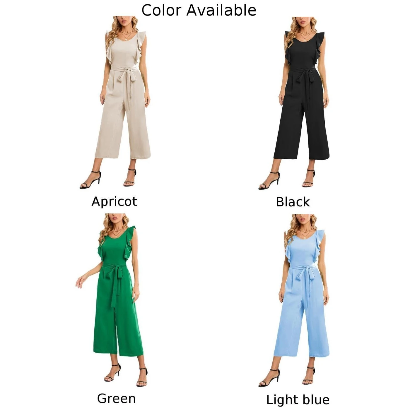 Women Jumpsuits Crew Neck Ruffle Cap   Sleeve Belted Wide Leg Romper With Pockets