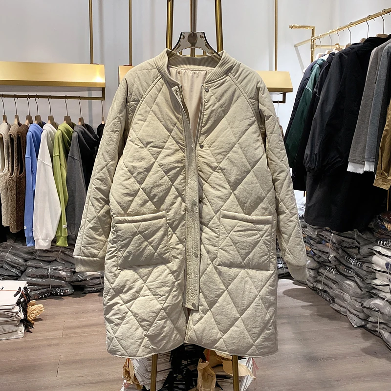 【Live Shot】new Autumn Winter Stand Collar Mid-length Women Wadded Jacket Thicken Quilted Baseball Cotton-padded Coat
