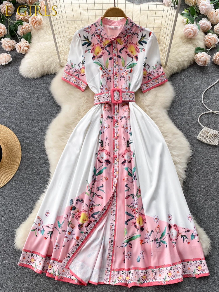 

E GIRLS Aibeautyer New Casual Summer Floral Print Slim Short Button Lady Dress A Line Turndown Collar Chiffon Single Breasted