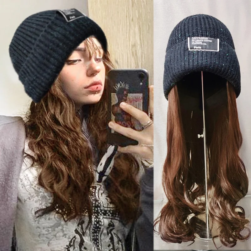 WEILAI  Long Curly Hair Knitted Hat Wig Female Detachable Black Pink Purple Red Synthetic Hat Wig Autumn and Winter Models images - 6