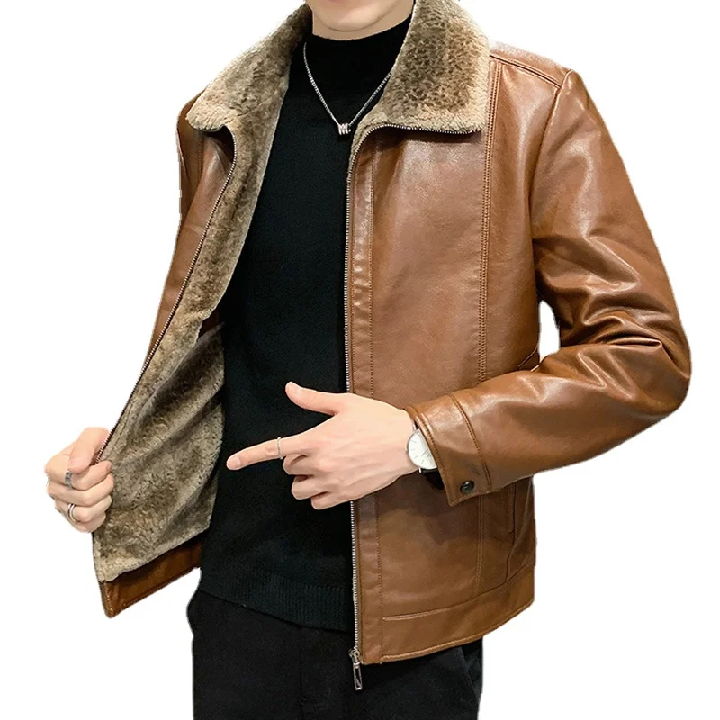 

Autumn winter men's fleece faux leather coat high-quality warmth thickening fashion fur collar men's motorcycle leather jacket