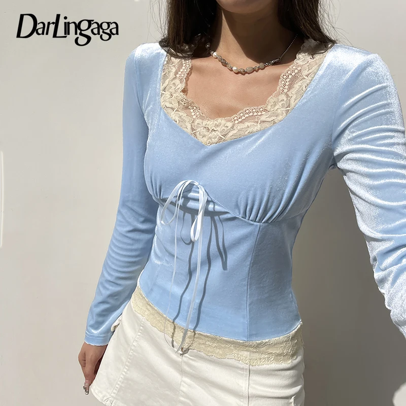 

Darlingaga Korean Sweet Blue Velour Autumn T shirt Female Bow Lace Patched Slim Fashion Pullover Coquette Clothes Lolita Top New