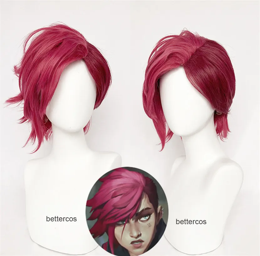 

Game LOL Arcane Vi Cosplay Wig VI 30cm Deep Rose Short Heat Resistant Synthetic Hair Woman And Man Role Play Wigs + Wig Cap