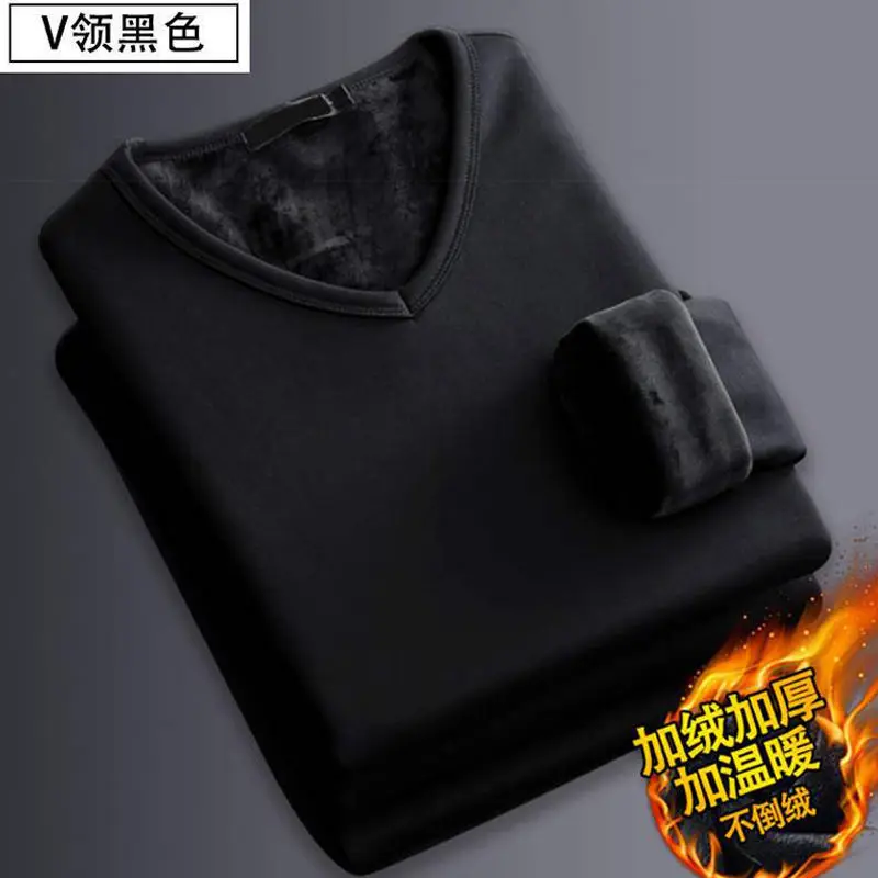 Men's Thermal Top Plus Velvet Thickening V-neck Winter Solid Color Autumn Clothes Round Neck Thermal Underwear