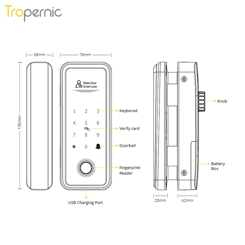 Tuya Bluetooth Lock Door Fingerprint Smart Electronic Digital Aluminum Hook Frameless Frame Glass With Doorbell |
