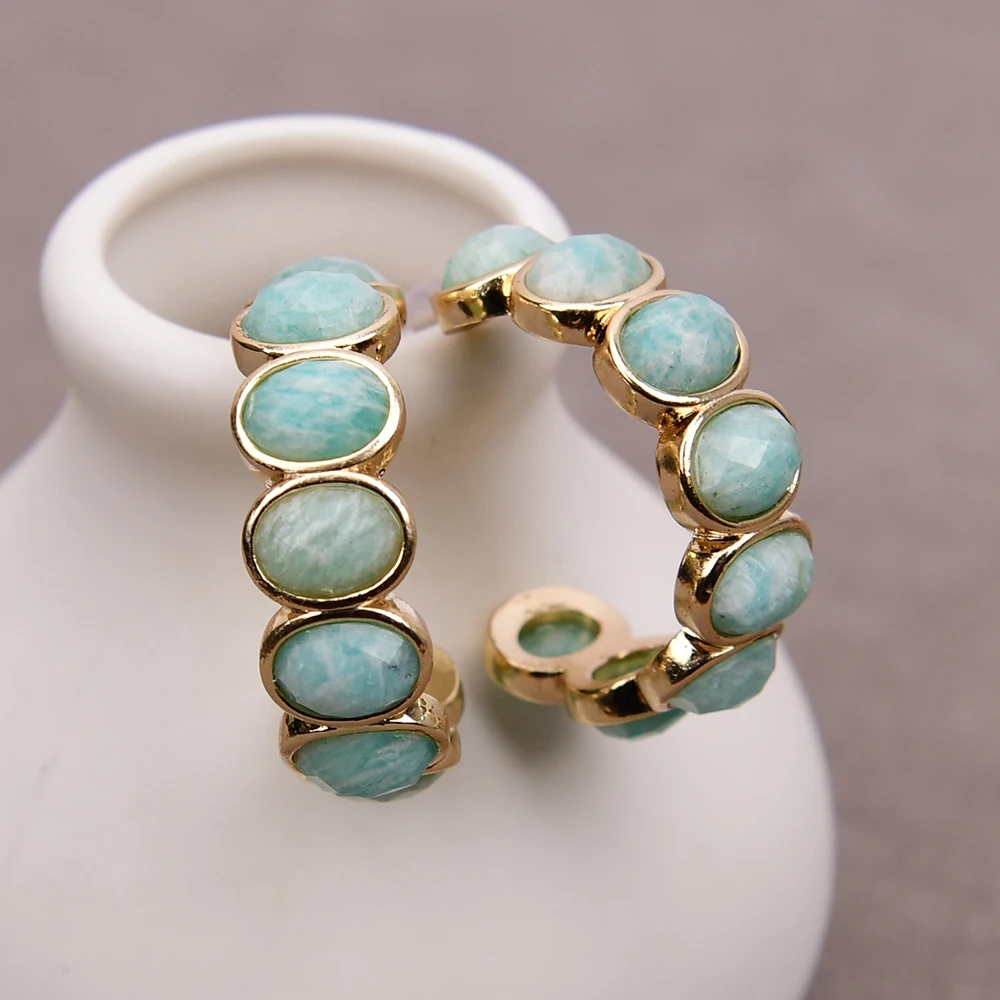 Серьги-кольца с натуральным зелёным амазонитом позолоченные