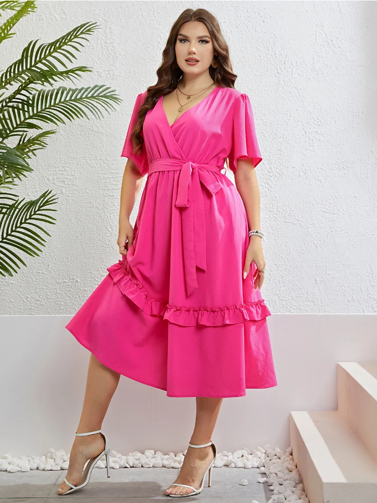 Summer rose red V-neck semi-cardigan plus size party dress elegant dresses for women