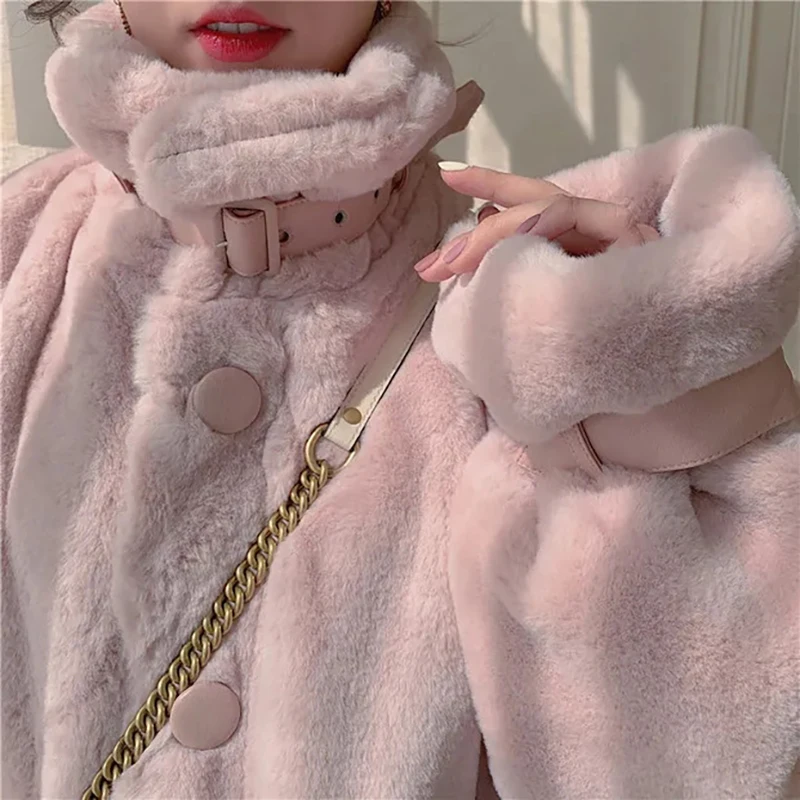 Autumn Winter Imitation Fur Jacket Warm Overcoat Korean Solid Sweet Single-breasted Pocket Coat Women Pink White Parkas Fashion