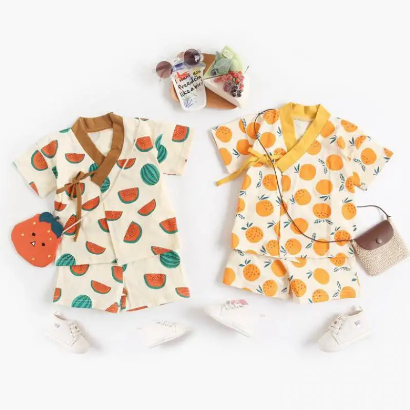 

Children Pajamas 2022 New Casual Short Sleeve T-shirt Cotton Fruit Watermelon Print Shorts Loose Clothing Set