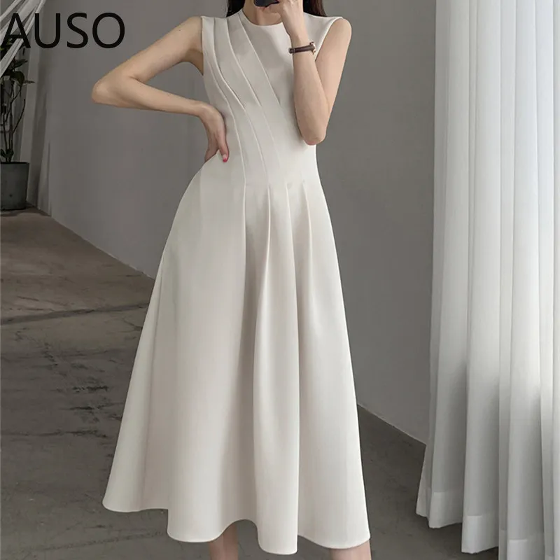 

2022 New Spring Summer O Neck Solid Color Sleeveless Chic Dress For Women's French Waist Show Thin Temperament Goddess Fan Dress