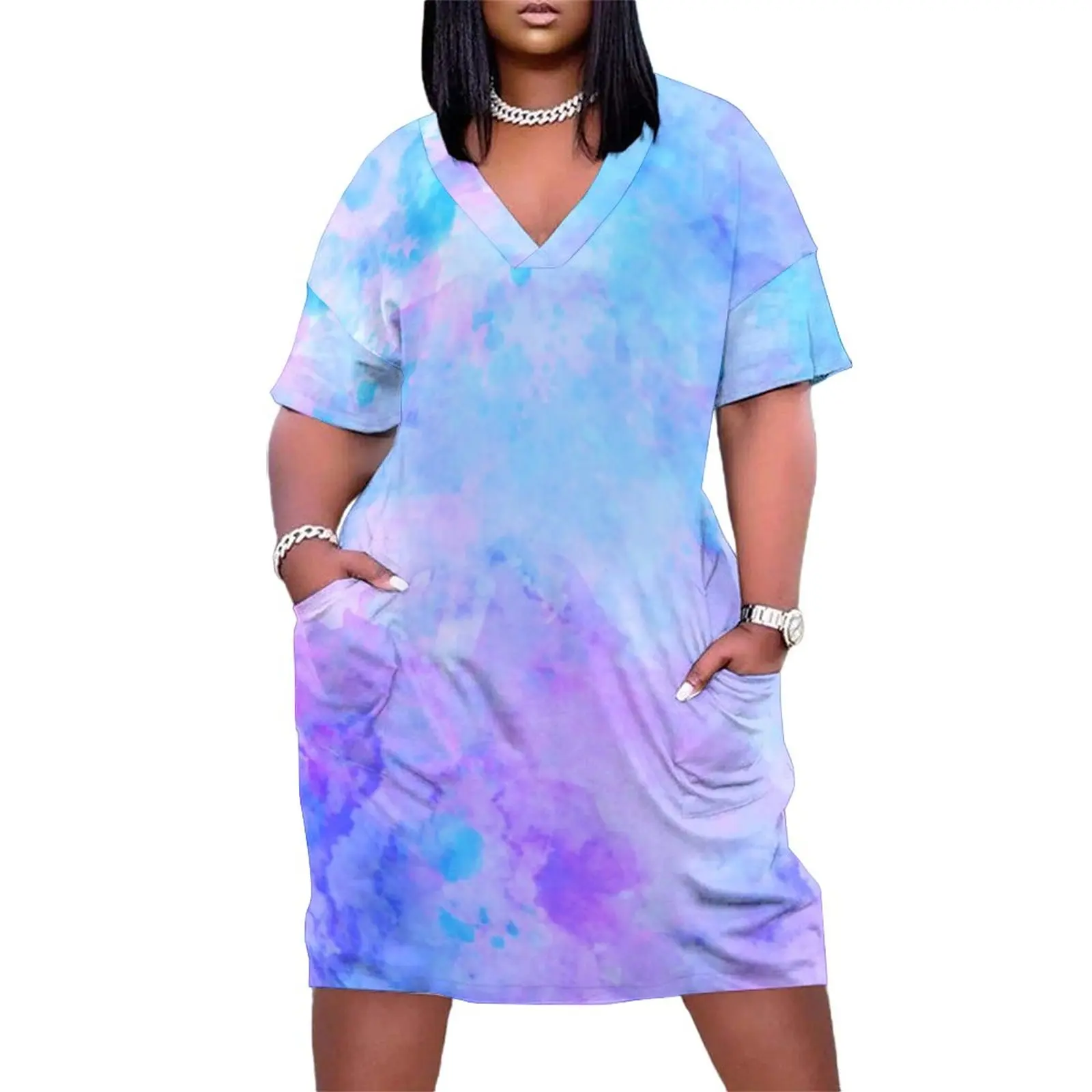 Purple Abstract Print Casual Dress Woman Watercolor Splashes Elegant Dresses Summer V Neck Aesthetic Dress Plus Size 3XL 4XL