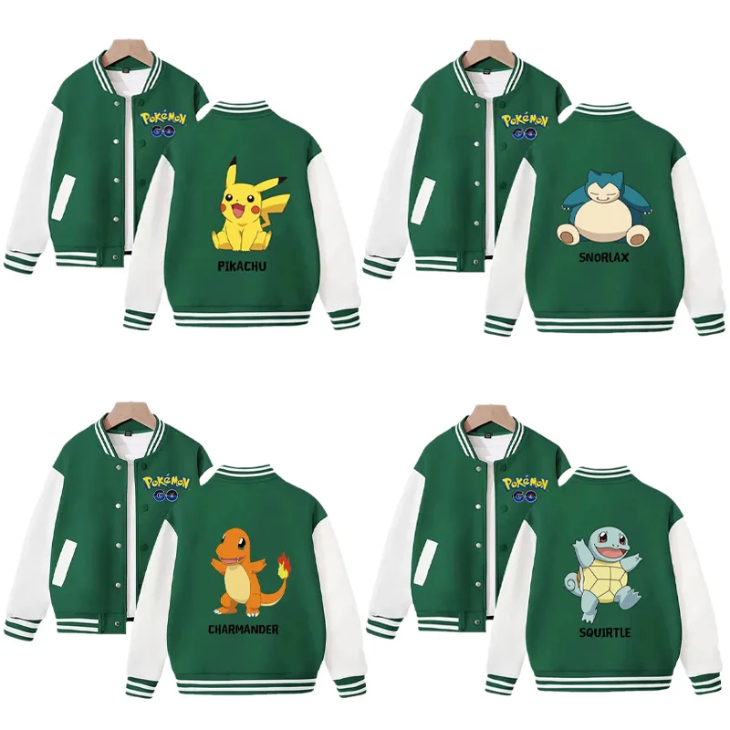 

Pokemon Pikachu Charmander Squirtle Bulbasaur Children Baseball Uniform Spring and Autumn Anime Cartoon Boy Girl Top Jacket Coat