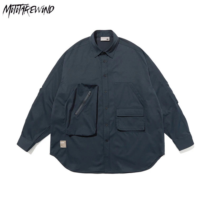 

Мужская Однотонная рубашка в стиле «Хай-стрит», с несколькими карманами