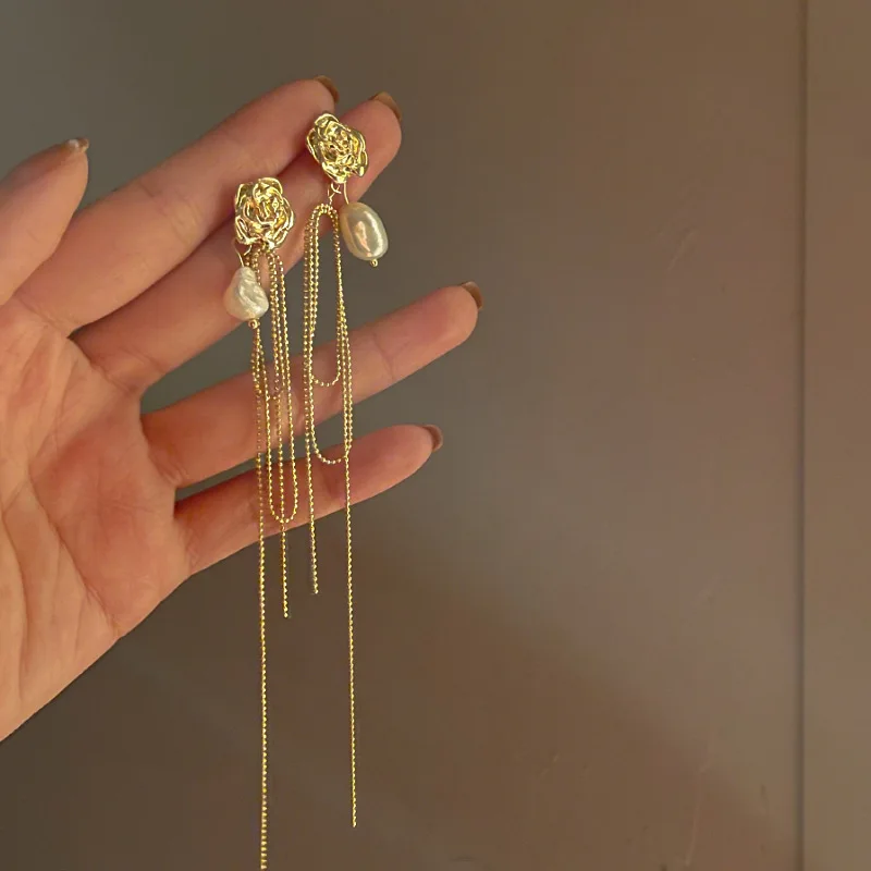 

925 Silver Needle Rose Baroque Vintage Pearl Earrings Flower Metal Long Tassel French Fashion Female