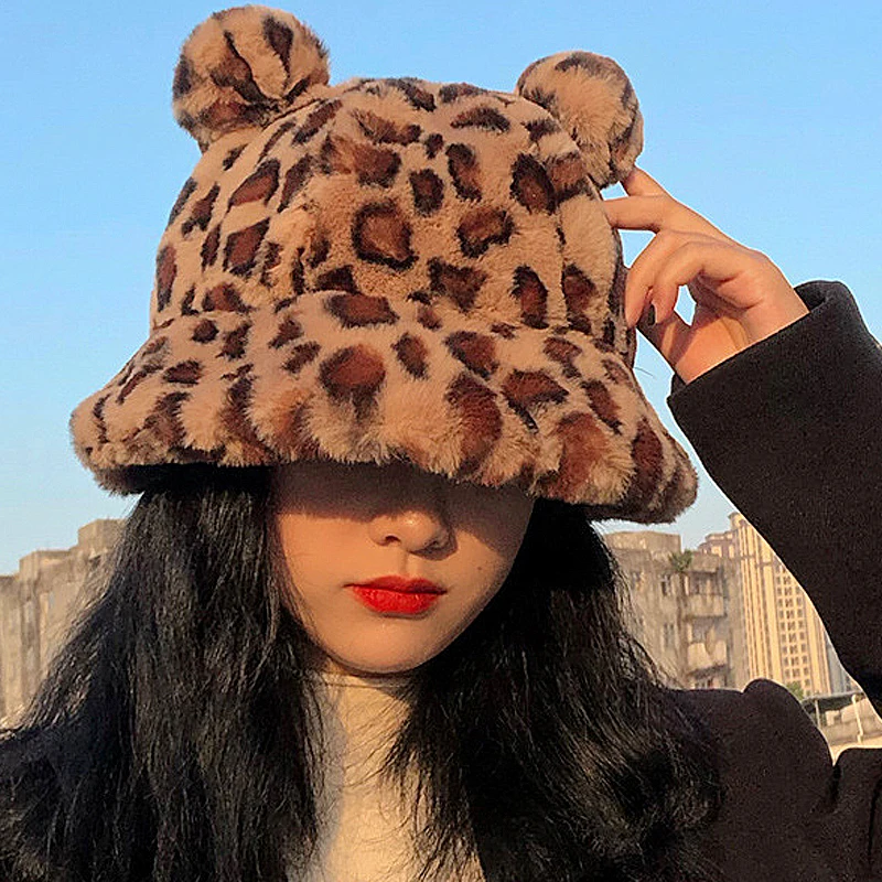 

Autumn and Winter Plush Leopard Print Bucket Hats Women Cute Bear Ears Thickened Plush Bucket Hat Soft Comfortable Fisherman Cap