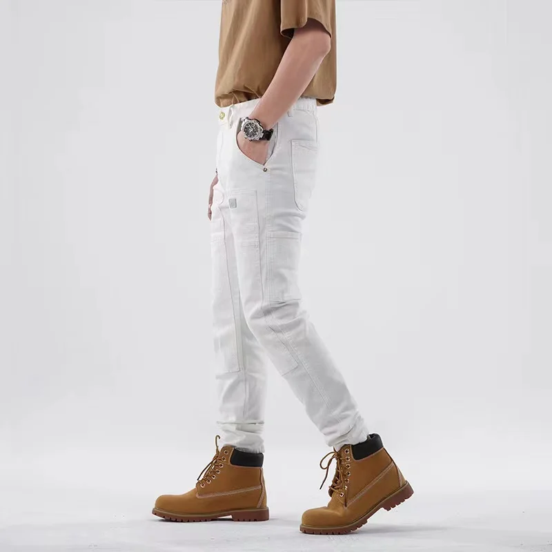 EH·MD® Zip Knee Stitching Jeans Men's High Elastic Slim Tattooed Leg Multi-Pocket Motorcycle Riding Pants Flanging Fashion Feet2