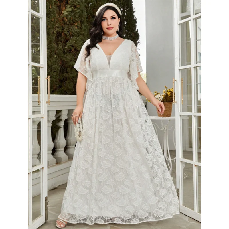 Plus Size White Lace Wedding Dress 4XL 5XL Elegant Chiffon V Neck Short Sleeve Plus Size Bridesmaid Prom Festival Women's Dress