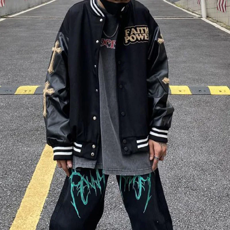Мужская бейсбольная куртка в стиле ретро из искусственной кожи хип-хоп пэчворк
