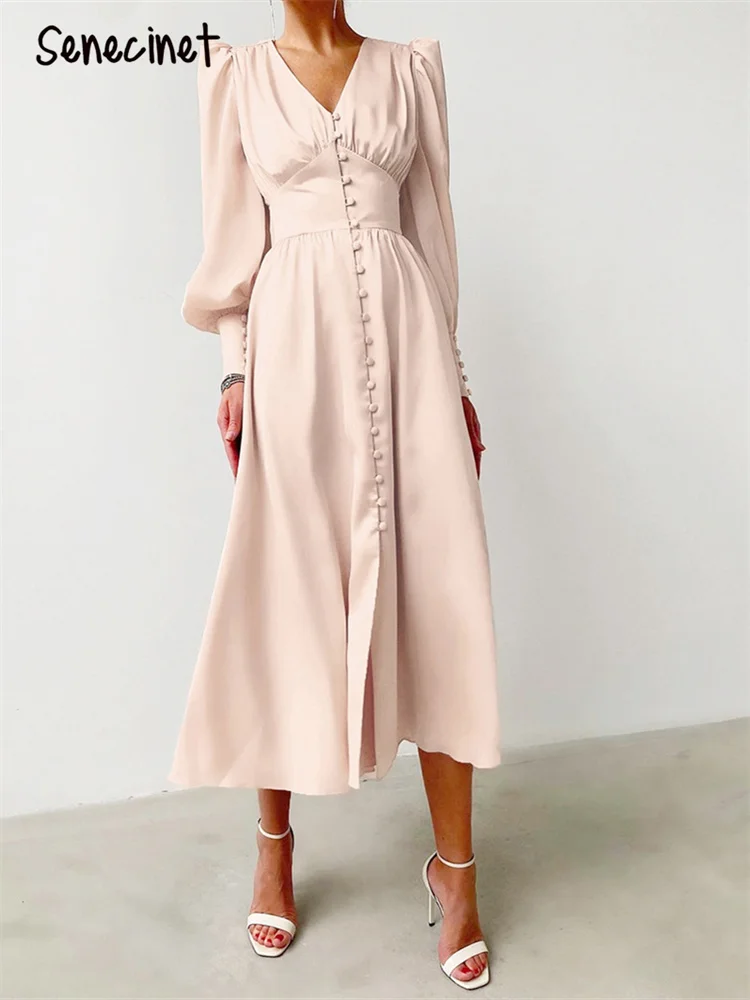 

Senecinet Elegant Satin Long Dress Women Casual Retro Lantern Sleeve Single Breasted A-line Dress Streetwear Split Autumn Dress