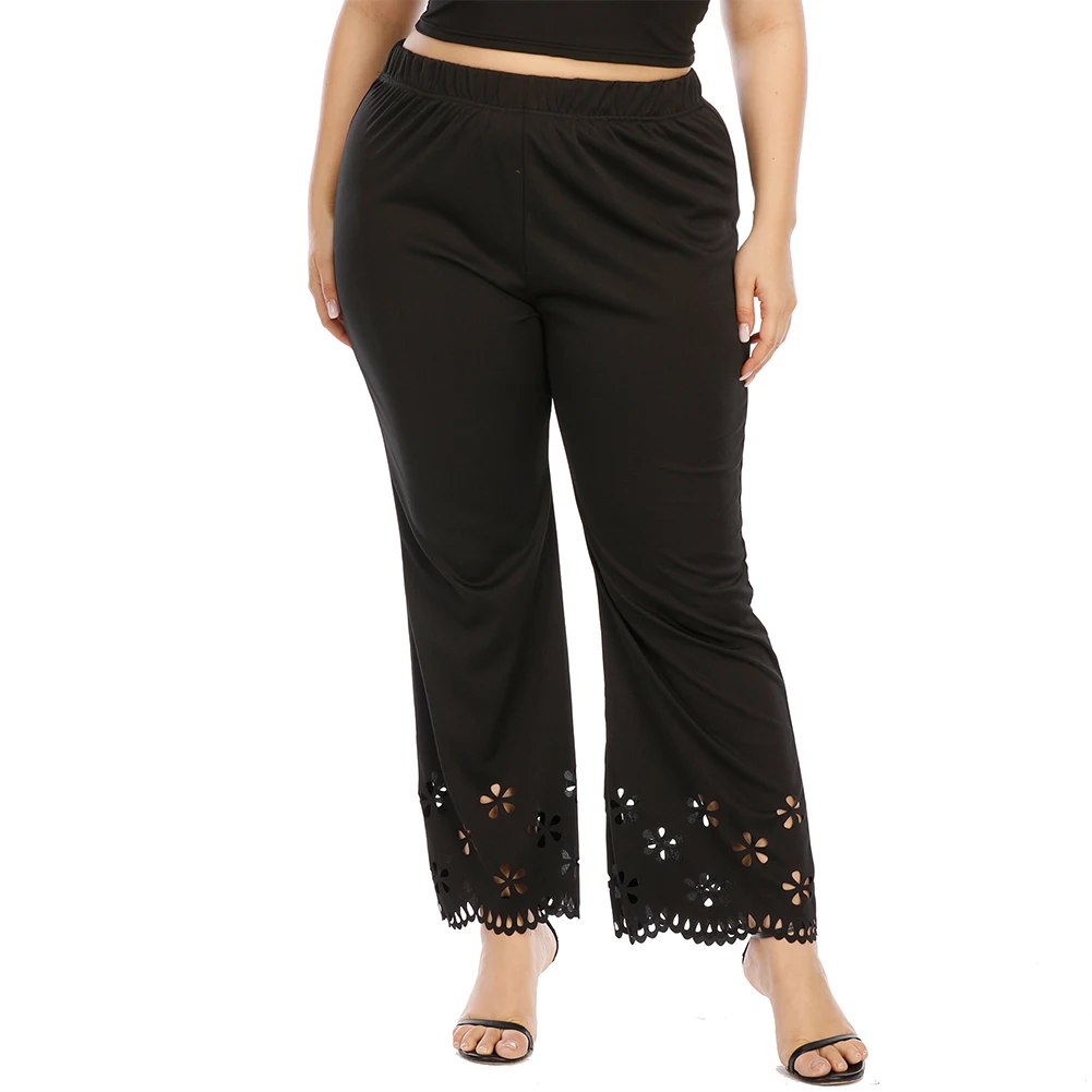 

New Style XL~4XL Women Plus Size Soild Hollow Out Micro-Flare Straight Pants Casual Trumpet Pants Comfortable And Soft