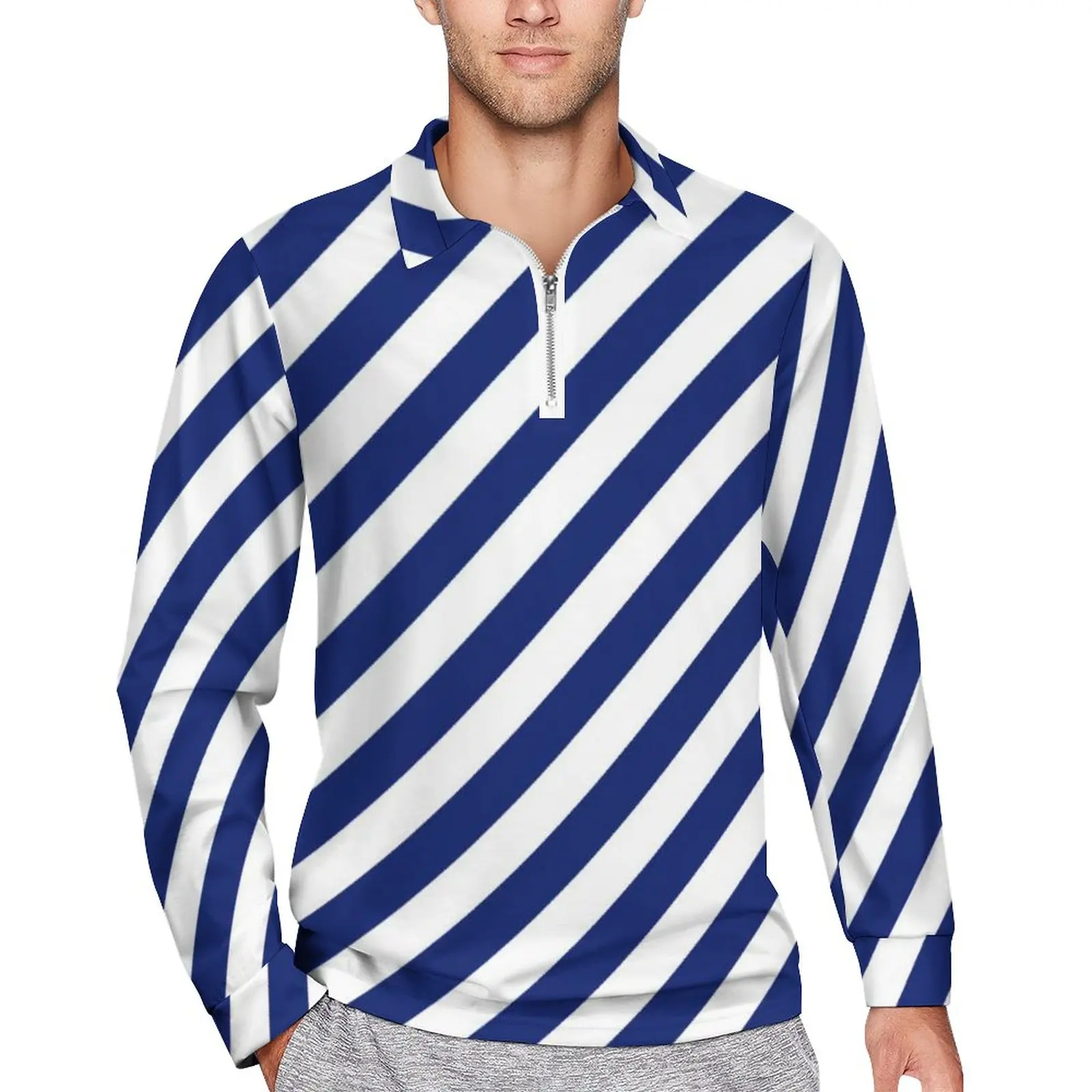 

Navy Blue White Nautical Polo Shirt Spring Diagonal Stripes Zipper Casual Shirt Long Sleeves Collar Y2K Custom Oversize T-Shirts