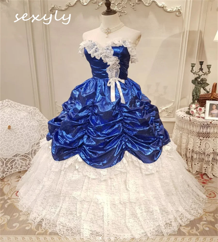 

Fantasy Royal Blue White Lace Wedding Dress Gothic 2023 Pleate Tired Lace Victorian Renaissance 18th rococo Country Bridal Gowns